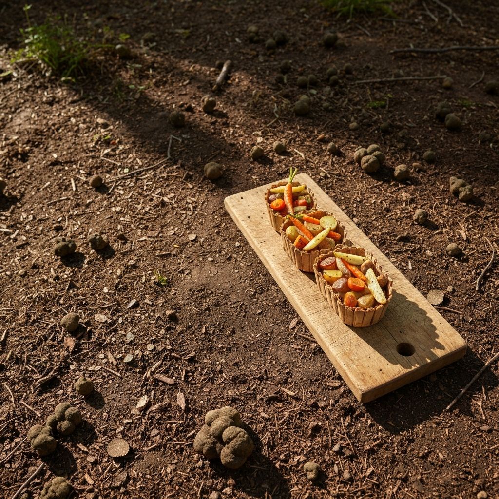 Šumski tlo s truflama koji se stapaju u drvenu ploču sa pečenim korijenskim povrćem