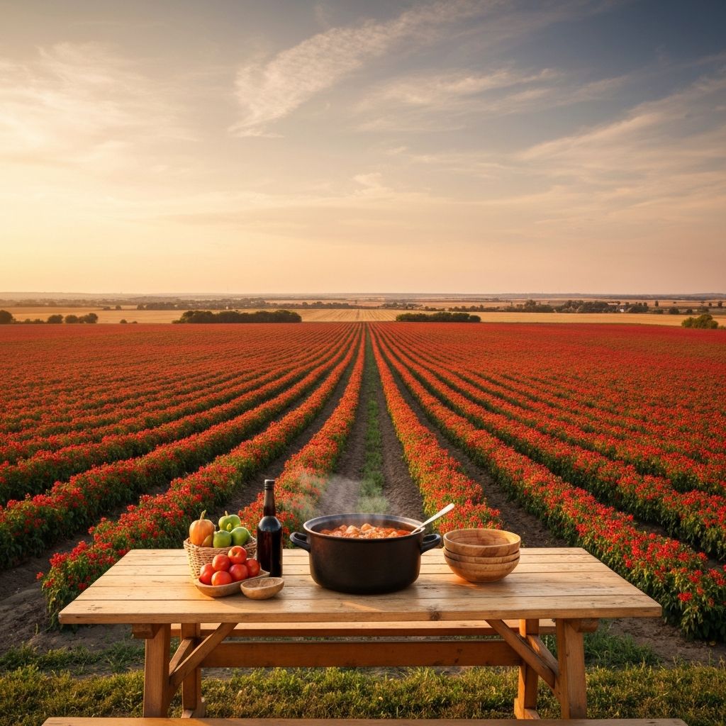 Pannonske ravnice sa crvenima paprika poljima koja se prelijevaju u zajedničku paprikašu